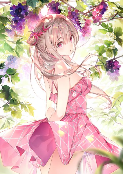 Anime picture 707x1000 with original dsmile single long hair tall image looking at viewer blush fringe breasts blonde hair hair between eyes standing pink eyes looking back from behind hair bun (hair buns) hands behind back girl dress plant (plants)