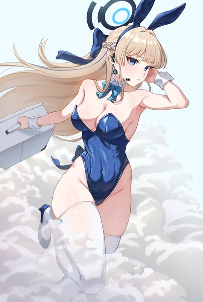 Anime picture 1378x2039 with blue archive toki (blue archive) toki (bunny) (blue archive) kadokadokado single long hair tall image fringe breasts blue eyes light erotic simple background blonde hair large breasts standing white background bare shoulders holding animal ears looking away
