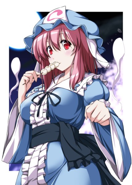 Anime picture 992x1392 with touhou saigyouji yuyuko nori tamago single tall image looking at viewer blush short hair red eyes pink hair eating ghost girl dress moon bonnet triangular headpiece