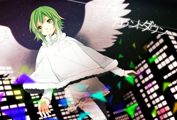 Anime picture 1000x681 with vocaloid countdown (vocaloid) gumi tama (songe) single short hair smile green eyes green hair night city angel wings girl thighhighs white thighhighs building (buildings) poncho