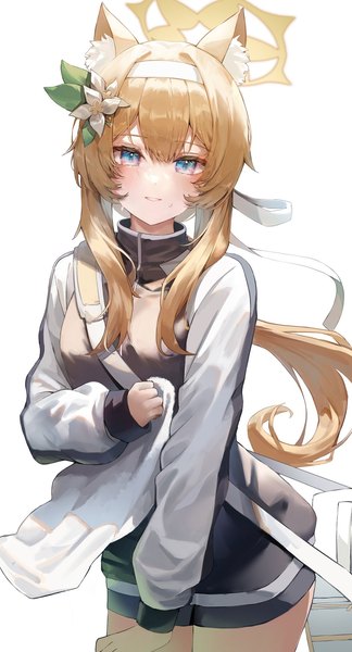 Anime picture 1000x1854 with blue archive mari (blue archive) mari (gym uniform) (blue archive) dasha single long hair tall image looking at viewer fringe blue eyes simple background blonde hair hair between eyes white background animal ears hair flower sweat official alternate costume low ponytail girl