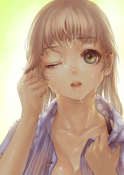 Anime picture 1200x1697 with original toreador single long hair tall image looking at viewer breasts open mouth light erotic brown hair green eyes one eye closed wink open clothes wet open shirt adjusting hair portrait wet shirt girl