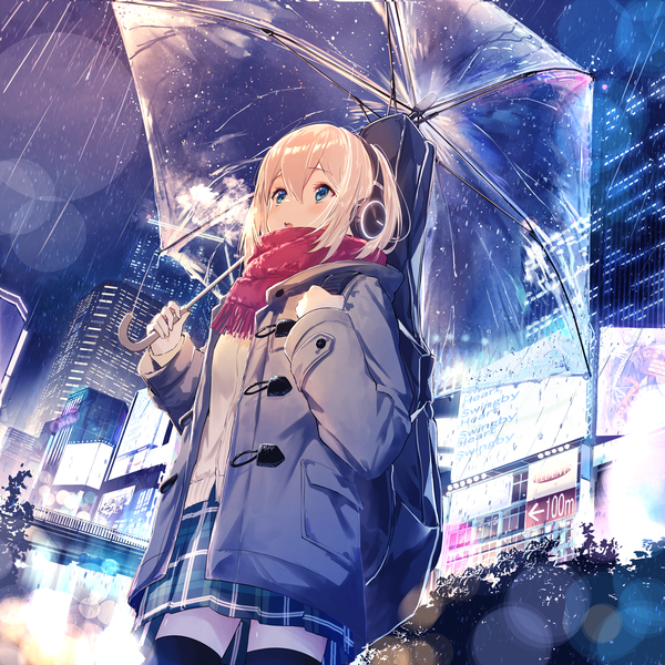 Anime picture 4093x4093 with original tsubameno single long hair blush fringe highres open mouth blue eyes blonde hair hair between eyes standing holding looking away absurdres outdoors night open clothes night sky lens flare