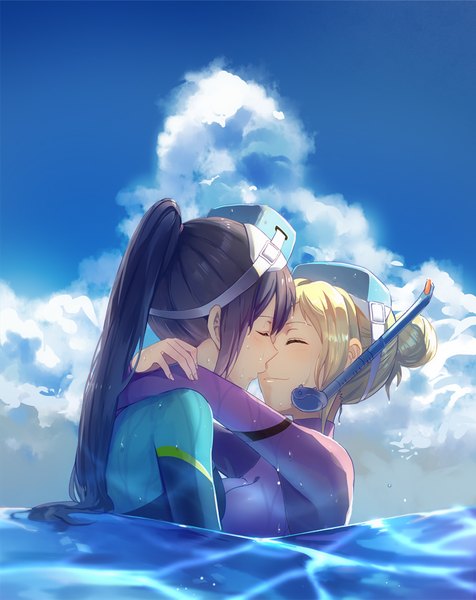 Anime picture 769x970 with love live! sunshine!! sunrise (studio) love live! matsuura kanan ohara mari usamin (artist) long hair tall image black hair blonde hair multiple girls sky cloud (clouds) ponytail eyes closed hug shoujo ai alternate hairstyle almost kiss hair up