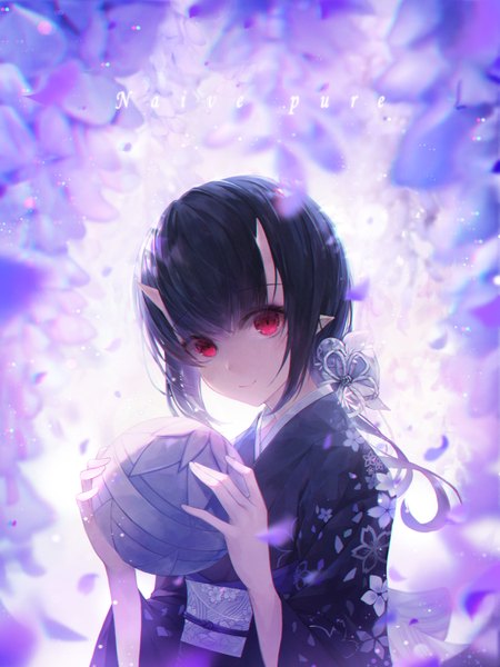 Anime picture 4500x6000 with original crystalherb single long hair tall image looking at viewer blush fringe highres black hair smile hair between eyes red eyes standing holding payot absurdres upper body traditional clothes japanese clothes