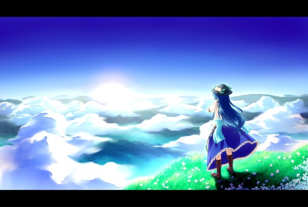 Anime picture 1480x995 with touhou hinanawi tenshi byakusouya (artist) single long hair blue hair sky cloud (clouds) evening sunset scenic hill girl dress skirt flower (flowers) ribbon (ribbons) hat food boots