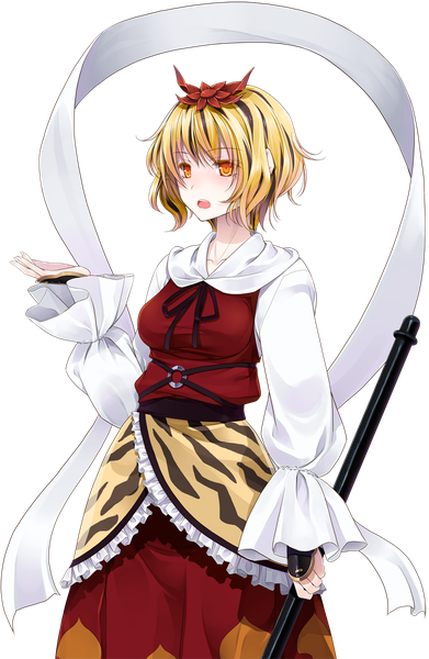 Anime picture 880x1350 with touhou toramaru shou crote single tall image short hair open mouth blonde hair orange eyes transparent background girl dress hair ornament shawl