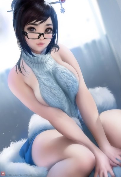Anime-Bild 2372x3467 mit overwatch blizzard entertainment mei (overwatch) sakimichan single tall image looking at viewer fringe highres short hair breasts light erotic black hair large breasts sitting bare shoulders lips black eyes realistic sideboob