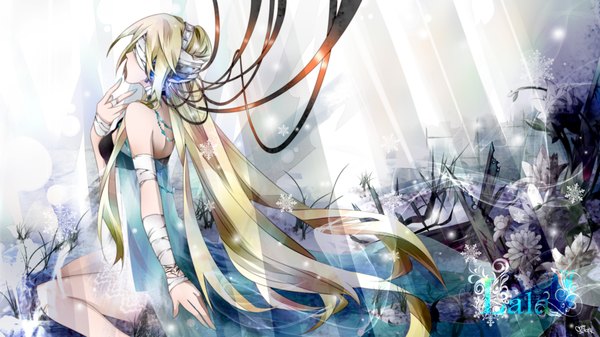 Anime picture 1500x844 with vocaloid lily (vocaloid) tyouya single long hair blonde hair wide image sitting bare shoulders cleavage eyes closed girl flower (flowers) headphones bandage (bandages) wire (wires)