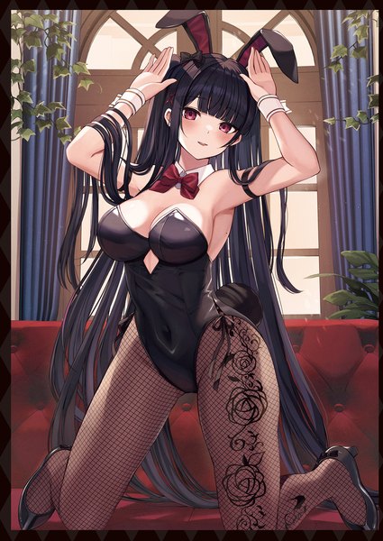 Anime picture 1359x1920 with original kurousagi yuu single tall image looking at viewer fringe breasts open mouth light erotic black hair red eyes large breasts animal ears full body indoors tail blunt bangs very long hair animal tail scan