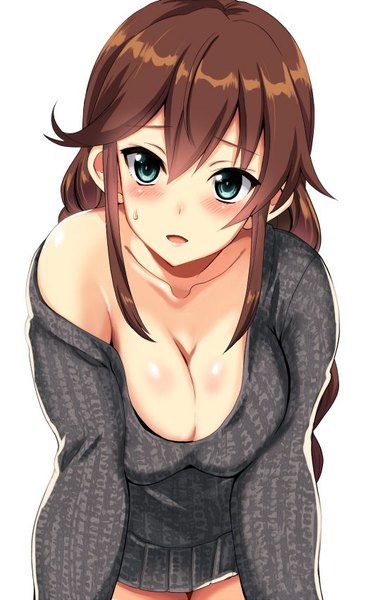 Anime picture 529x850 with kantai collection noshiro light cruiser kyougoku shin single long hair tall image blush fringe breasts open mouth light erotic simple background hair between eyes brown hair large breasts standing white background bare shoulders looking away cleavage