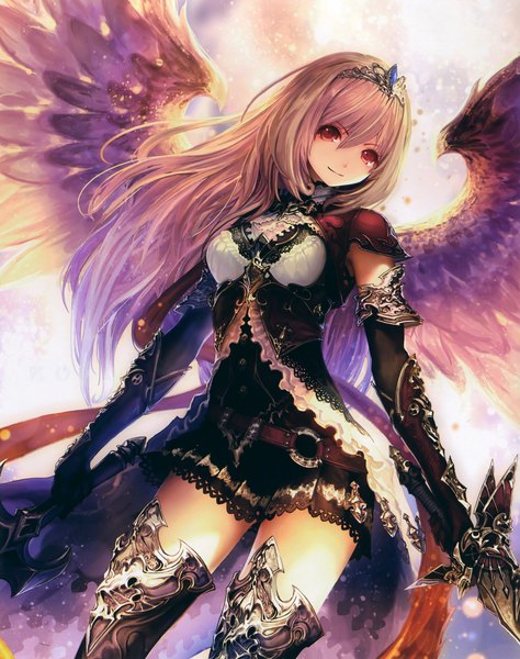 Anime picture 9054x11463 with shingeki no bahamut dark angel olivia tachikawa mushimaro (bimo) single long hair tall image looking at viewer highres red eyes holding pink hair absurdres scan fantasy dual wielding incredibly absurdres girl dress gloves weapon