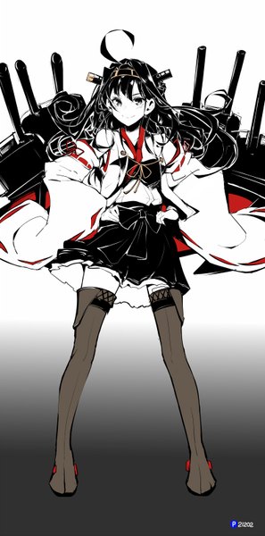 Anime picture 786x1588 with kantai collection kongou battleship cofepig single long hair tall image looking at viewer black hair simple background smile ahoge black eyes wide sleeves grey eyes zettai ryouiki pale skin nontraditional miko hands on hips sketch polychromatic