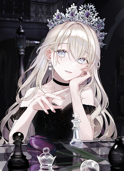 Anime picture 2179x3000 with original iren lovel single long hair tall image looking at viewer fringe highres blonde hair hair between eyes sitting bare shoulders upper body indoors parted lips fingernails reflection silver eyes head rest girl