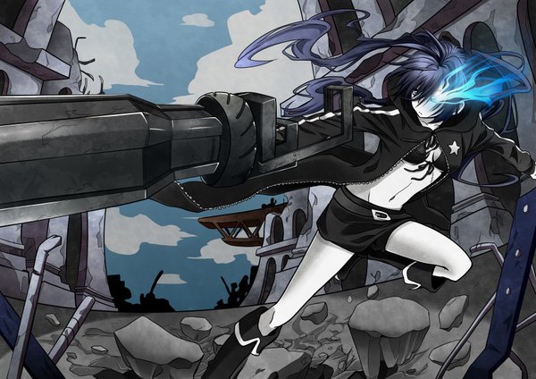 Anime picture 3507x2480 with black rock shooter black rock shooter (character) koshi-kun (artist) long hair highres blue eyes black hair twintails absurdres glowing glowing eye (eyes) pale skin girl weapon shorts bikini top huge weapon