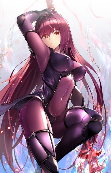 Anime picture 1000x1556 with fate (series) fate/grand order scathach (fate) (all) scathach (fate) suishougensou single long hair tall image looking at viewer blush fringe breasts light erotic hair between eyes red eyes large breasts standing holding signed purple hair