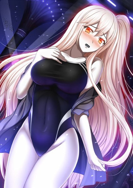 Anime picture 578x818 with kantai collection aircraft carrier hime shibata rai single long hair tall image looking at viewer blush breasts open mouth light erotic large breasts white hair orange eyes one side up shinkaisei-kan girl swimsuit one-piece swimsuit competition swimsuit