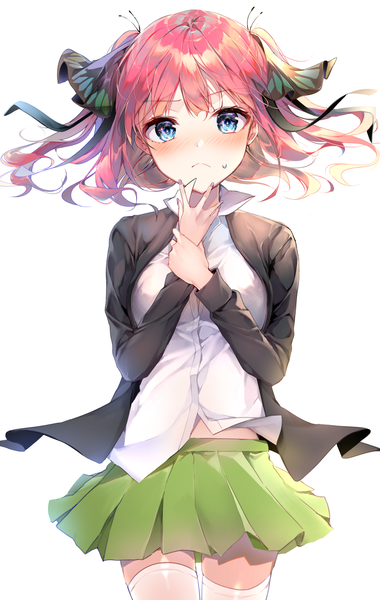 Anime picture 1733x2733 with go-toubun no hanayome nakano nino bara (03 bara ) single tall image looking at viewer blush highres short hair simple background white background pink hair pleated skirt two side up floating hair sweatdrop holding arm :< bad anatomy girl