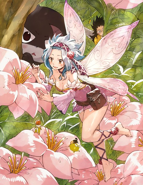 Anime picture 1100x1421 with fairy tail gajeel redfox levy mcgarden panther lily rusky long hair tall image short hair black hair bare shoulders brown eyes signed blue hair looking away cleavage barefoot twitter username flying fantasy fairy