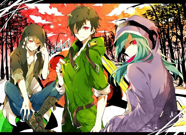 Anime picture 1094x793 with kagerou project shaft (studio) kido tsubomi kano shuuya seto kousuke seto (kagerou project) wonoco0916 long hair looking at viewer fringe short hair blonde hair smile red eyes brown hair sitting sky cloud (clouds) looking back hair over one eye