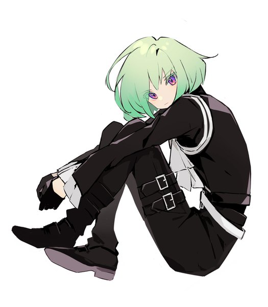 Anime picture 1400x1600 with promare studio trigger lio fotia heridy single tall image short hair simple background white background sitting purple eyes full body green hair boy gloves black gloves neckerchief