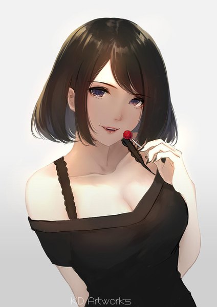 Anime picture 900x1273 with original caidychen single tall image looking at viewer fringe short hair breasts open mouth simple background brown hair large breasts purple eyes bare shoulders holding signed upper body nail polish head tilt fingernails