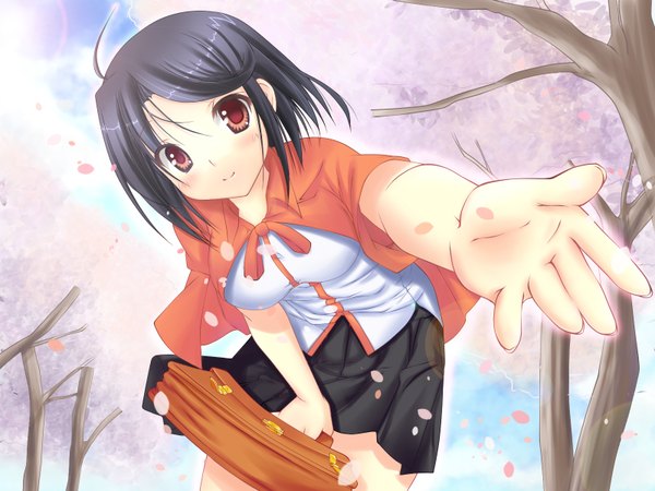 Anime picture 1600x1200 with hxhrise (artist) single blush short hair black hair smile red eyes cherry blossoms girl uniform plant (plants) school uniform petals tree (trees) school bag