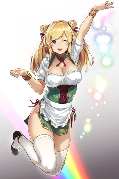 Anime picture 800x1200 with original houtengeki single long hair tall image looking at viewer fringe breasts open mouth light erotic simple background blonde hair large breasts purple eyes full body bent knee (knees) one eye closed arm up pointy ears wink