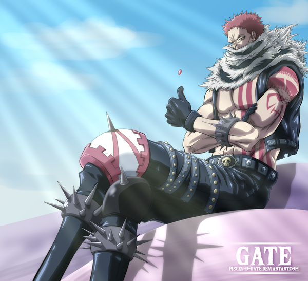 Anime picture 3840x3502 with one piece toei animation charlotte katakuri pisces-d-gate single highres short hair red eyes sitting signed absurdres sky cloud (clouds) red hair sunlight open jacket shadow tattoo fur trim crossed legs