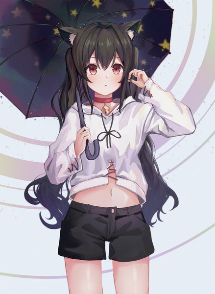 Anime picture 1500x2052 with original doroshi single long hair tall image looking at viewer blush fringe black hair simple background hair between eyes red eyes standing twintails holding animal ears payot long sleeves parted lips arm up