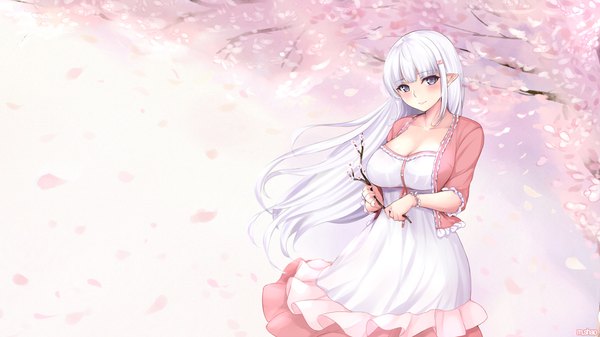 Anime picture 1920x1080 with closers levia (closers) shaojiang single long hair looking at viewer blush fringe highres breasts wide image large breasts standing purple eyes holding signed white hair blunt bangs head tilt wind