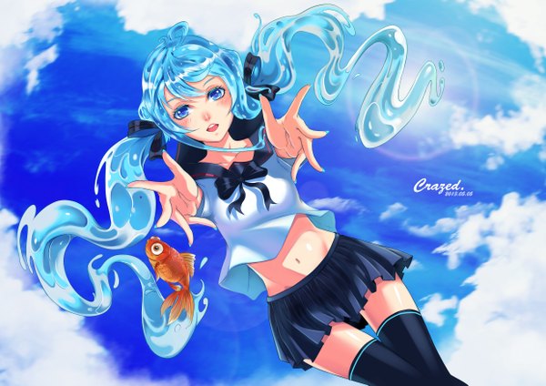 Anime picture 4960x3507 with vocaloid hatsune miku bottle miku crazed single long hair blush highres open mouth blue eyes twintails blue hair absurdres sky cloud (clouds) midriff zettai ryouiki liquid hair girl thighhighs