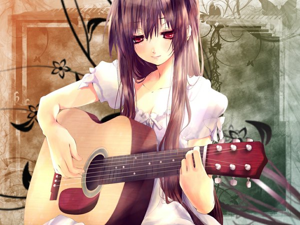 イラスト 1024x768 と オリジナル ayase non (artist) ソロ 長髪 赤い目 purple hair framed 女の子 ドレス 楽器 ピック