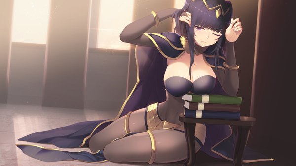 Anime picture 1920x1080 with fire emblem fire emblem awakening nintendo sarja cait single long hair looking at viewer blush fringe highres breasts light erotic wide image large breasts sitting purple eyes cleavage purple hair blunt bangs