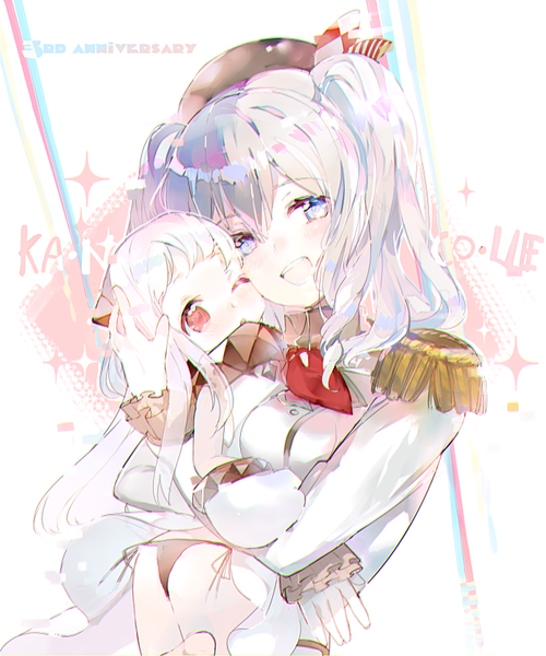 Anime picture 700x840 with kantai collection kashima training cruiser northern ocean hime atsumi jun long hair tall image fringe open mouth blue eyes light erotic hair between eyes red eyes twintails multiple girls silver hair ass white hair :d one eye closed text