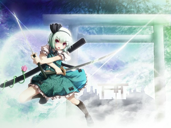 Anime picture 1024x768 with touhou konpaku youmu myon akashio (loli ace) posing girl thighhighs dress skirt flower (flowers) sword headdress rose (roses) katana skirt set