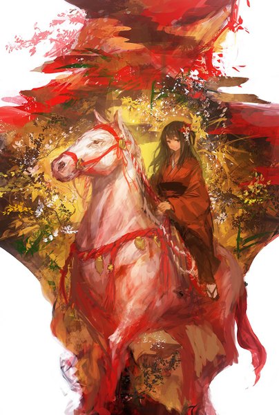 Anime picture 900x1336 with original lm7 (op-center) single long hair tall image looking at viewer brown hair brown eyes traditional clothes japanese clothes hair flower light smile riding girl hair ornament flower (flowers) plant (plants) animal sandals horse