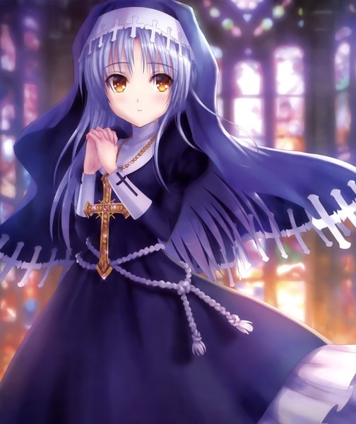 Anime picture 2122x2526 with angel beats! key (studio) tachibana kanade goto p single long hair tall image looking at viewer highres yellow eyes silver hair scan official art nun girl cross cross necklace