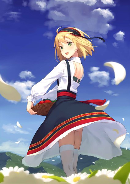 Anime picture 1100x1555 with original kinta (distortion) single tall image looking at viewer blush short hair open mouth light erotic blonde hair green eyes sky cloud (clouds) looking back wind from behind girl thighhighs dress underwear