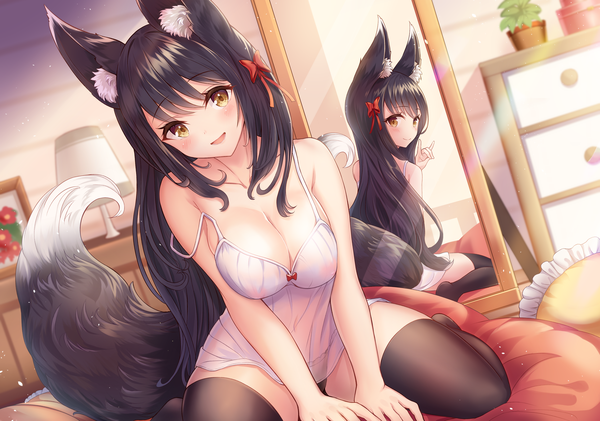 Anime picture 4480x3150 with original sakura ani single long hair looking at viewer blush highres open mouth light erotic smile sitting brown eyes animal ears absurdres indoors tail :d animal tail sunlight fox ears