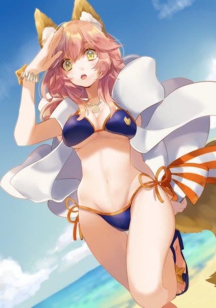 Anime picture 2100x3000 with fate (series) fate/extra tamamo (fate) (all) tamamo no mae (swimsuit lancer) (fate) hino hinako single long hair tall image fringe highres breasts open mouth light erotic hair between eyes large breasts animal ears yellow eyes pink hair sky cloud (clouds)