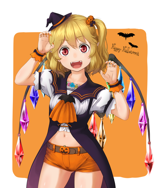Anime picture 1250x1500 with touhou flandre scarlet kitano (kitanosnowwhite) single tall image looking at viewer fringe open mouth blonde hair smile red eyes nail polish :d short sleeves fang (fangs) alternate costume puffy sleeves thighs one side up halloween