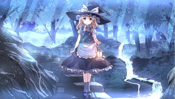 Anime picture 2205x1254 with touhou kirisame marisa risutaru single long hair looking at viewer blush fringe highres blonde hair smile wide image standing holding brown eyes full body outdoors braid (braids) short sleeves light