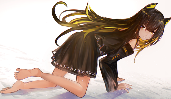 Anime picture 2484x1447 with original tarbo (exxxpiation) single long hair looking at viewer fringe highres black hair simple background hair between eyes wide image white background brown eyes animal ears full body multicolored hair barefoot cat ears two-tone hair colored inner hair