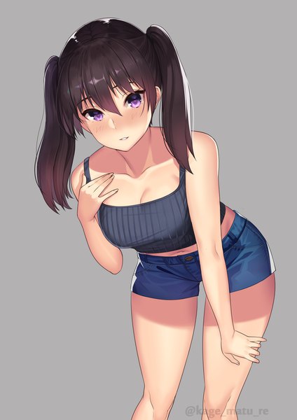 Anime picture 1447x2046 with original kagematsuri single long hair tall image looking at viewer blush fringe breasts light erotic simple background smile hair between eyes brown hair standing twintails purple eyes signed cleavage parted lips