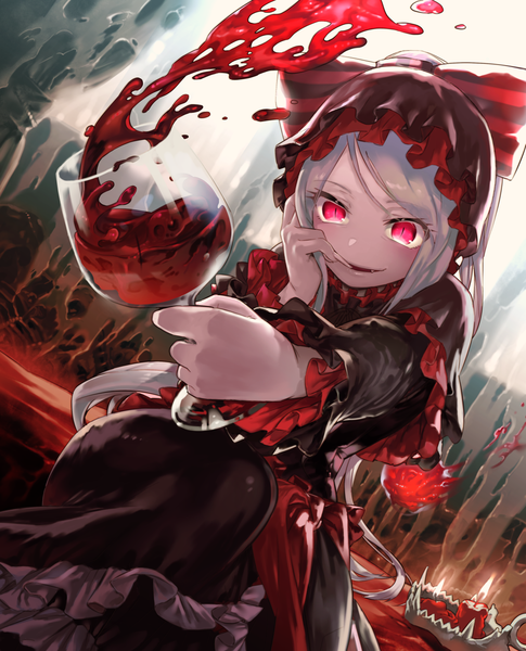 Anime picture 1191x1474 with overlord (maruyama) madhouse shalltear bloodfallen nadajima single long hair tall image fringe open mouth smile red eyes holding looking away silver hair fingernails fang (fangs) dutch angle finger to mouth long fingernails frilled dress