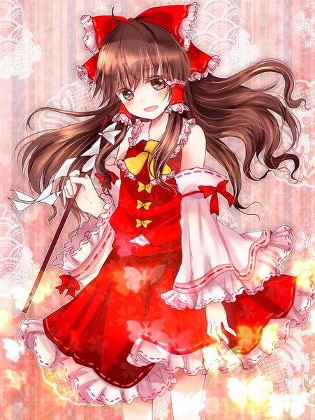 Anime picture 1200x1596 with touhou hakurei reimu shromann (artist) long hair tall image blush brown hair bare shoulders brown eyes girl skirt bow hair bow detached sleeves skirt set