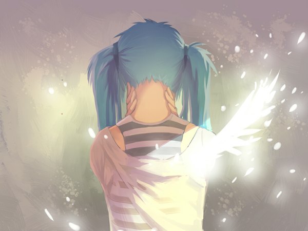 Anime picture 1024x768 with vocaloid hatsune miku exe336 single long hair twintails from behind sunlight aqua hair back striped glow girl wings scrunchie hair tie tank top