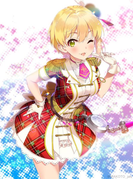 Anime picture 780x1050 with idolmaster idolmaster cinderella girls idolmaster cinderella girls starlight stage miyamoto frederica mizuki makoto single tall image blush short hair open mouth blonde hair green eyes signed hand on hip twitter username :p plaid across the stars girl dress