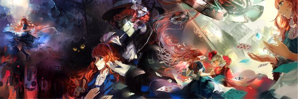 Anime picture 2121x707 with alice in wonderland original alice (wonderland) white rabbit cheshire cat queen of hearts mad hatter h2so4kancel long hair looking at viewer fringe highres short hair blue eyes smile red eyes wide image multiple girls white hair profile